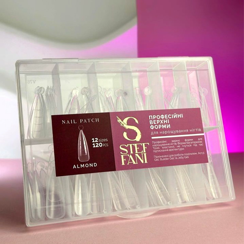 ВЕРХНІ ФОРМИ ДЛЯ НАРОЩУВАННЯ НІГТІВ STEFFANI NAIL PATCH ALMOND МИГДАЛЬ. З РОЗМІТКОЮ. ПРОЗОРІ. 120 ШТ.